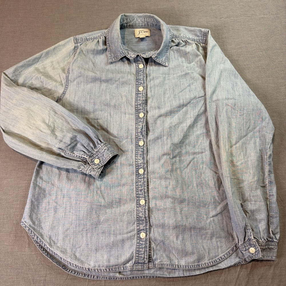 J Crew Shirt Women's 4 Blue Chambray Western Button Distressed Denim Shirt